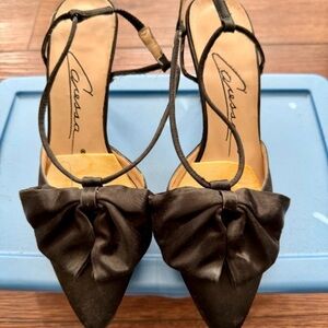 Cressa Black Bow Pointed-Toe Slingback Heels with Ankle Strap